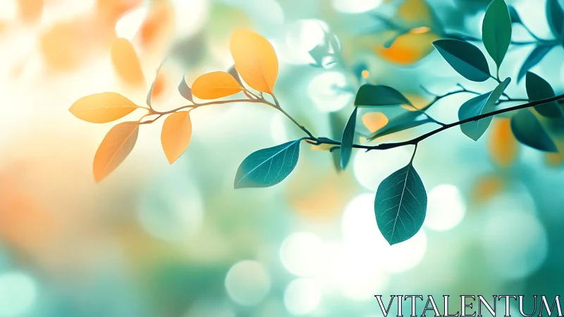 Delicate branch with colorful leaves in dreamy soft bokeh style.
