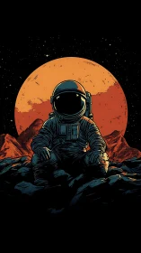 Solitary astronaut seated on rocky Mars landscape at night.