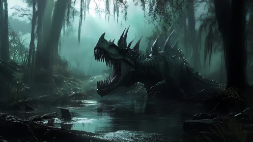 Swampborn dragon skulks through misty primeval waterscape.