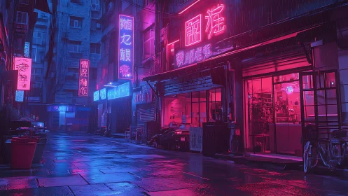 Neon rainstorm drapes a quiet cyberpunk alley in magenta glow.