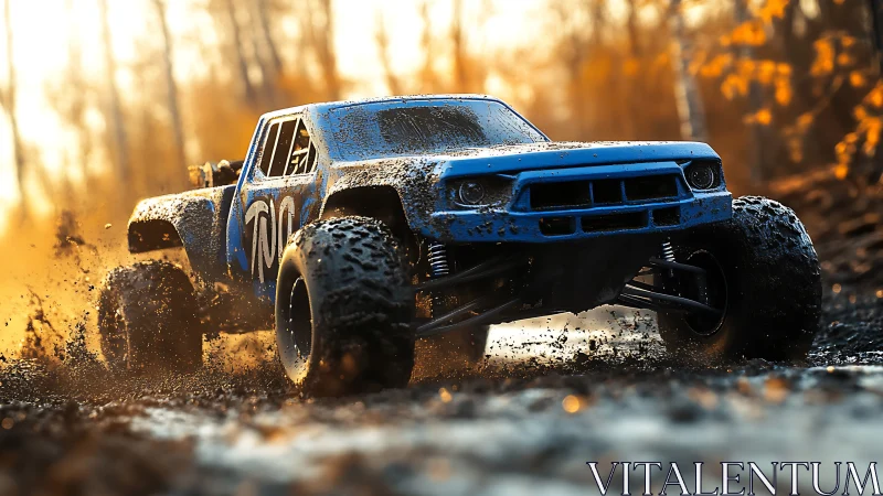 High-detail RC off-road truck kicks up mud in golden backlight
