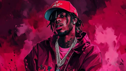 Chromatic portrait of rap figure in magenta vapor field.