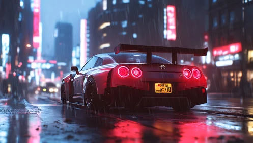 Red sports car in wet neon city street at night rainfall.