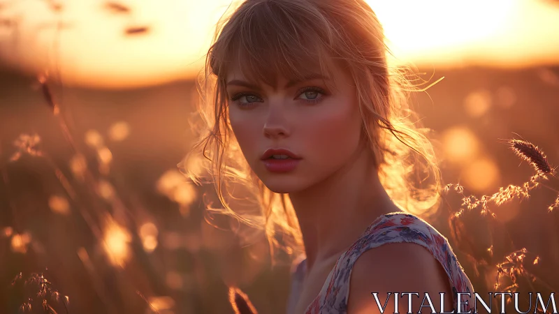 Young woman in golden field at sunset with soft light.