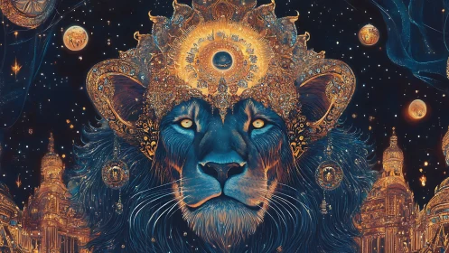 Mythic celestial lion portrait with baroque astral crown.