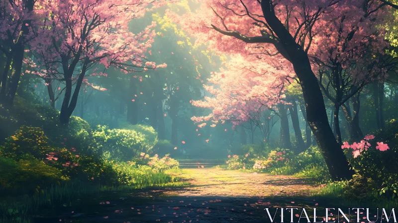 Enchanted Forest Path: Cherry Blossoms Cascade Through Golden Light