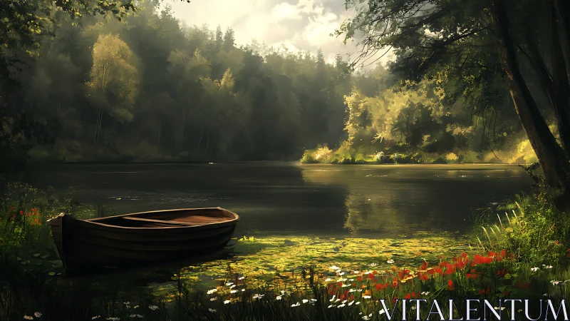 Quiet wooden boat resting beside a sunlit forest lake.