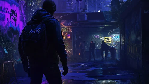 Hooded figure approaches neon graffiti alley at nightfall.