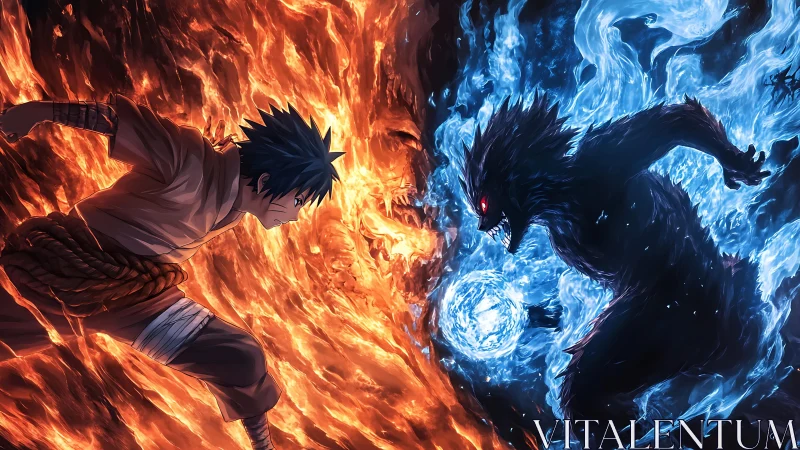 Opposing elemental warriors colliding in explosive fire and ice