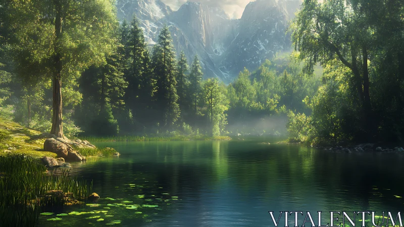 Sunlit mountain lake reflects dense forest and rocky peaks