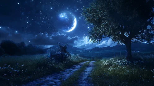 Moonlit country path under star-filled deep blue night sky.