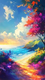 Vibrant digital seascape shows colorful coastal path at sunset