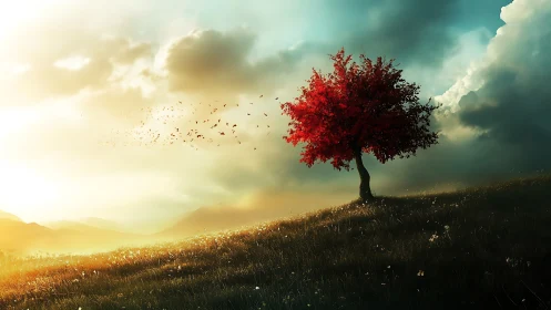 Lone red tree glowing warmly on a sunlit hillside at dusk.