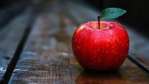 Fresh red apple with leaf on wet wooden outdoor table.