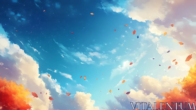 Autumn leaves drifting across wide blue afternoon sky.