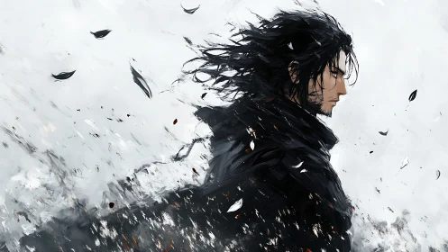 Windswept warrior walks forward through swirling white storm