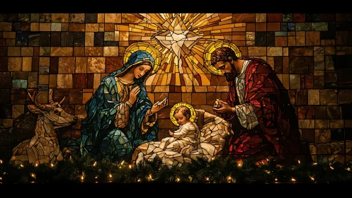Stained glass nativity scene with Mary, Joseph and child.