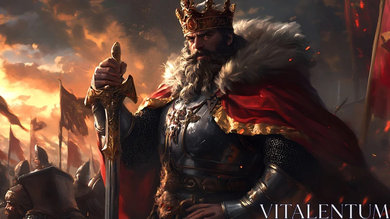 Armored war-king with flaming cloak commanding battlefield.