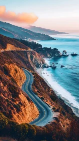 Sweeping coastal road gently curves beside the glowing sea