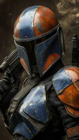 Armored sci‑fi warrior stands ready with weathered blaster.