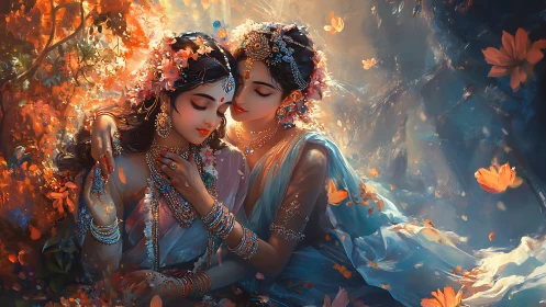 Two jeweled women sit embracing amid glowing orange flowers