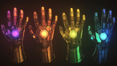 Glowing cybernetic hands pulse with neon energy in darkness