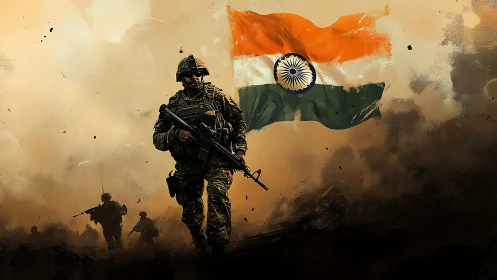 Digital painting of Indian soldier under tricolour in battle haze.