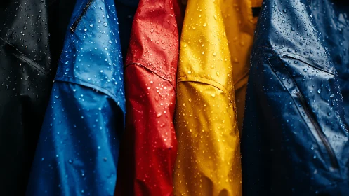 Wet Colored Umbrellas With Raindrops in Close Detail