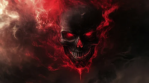 Volumetric red plasma skull emerging from turbulent smoke field