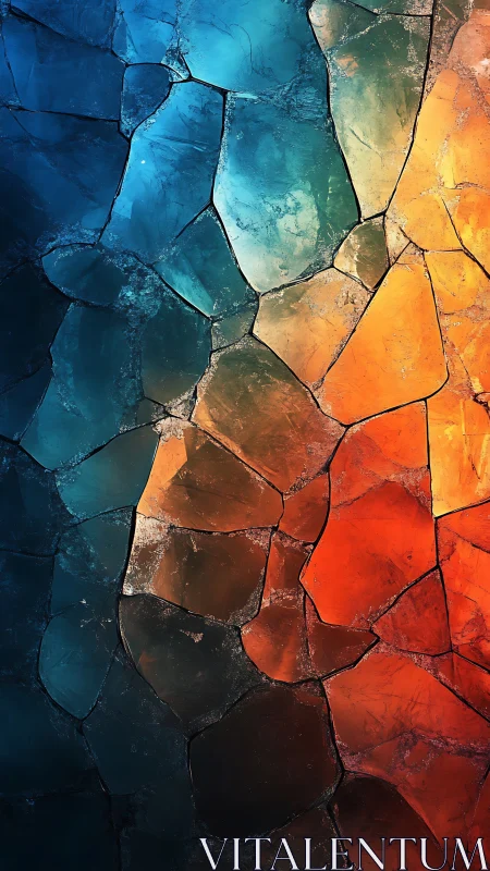 Shattered glass surface merges cool blues with warm embers