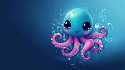 Cheerful bubble-bright octopus in a dreamy blue sea.