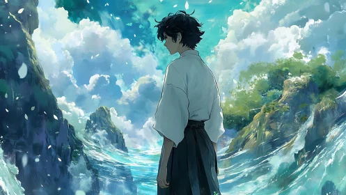 Young man stands over turbulent sea between rocky cliffs