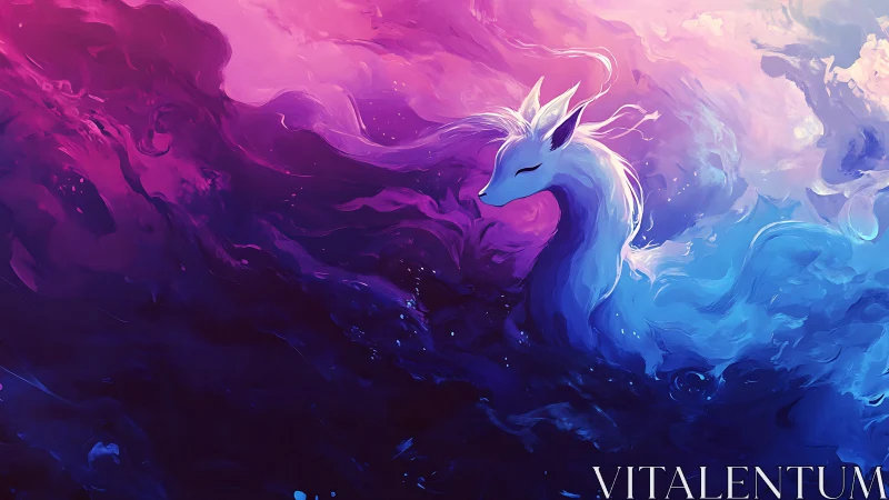 Dreamlike spirit fox adrift in swirling nebula hues.