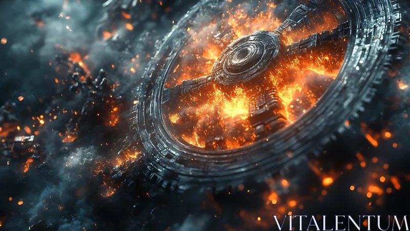 Ancient mechanical ring collapses into a burning inferno.