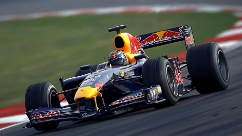Red Bull racer knifes through a high-speed circuit dusk.