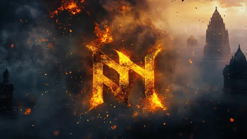 Burning monogram emblem ignites smoky ruined skyline