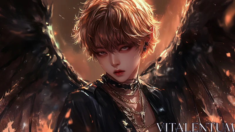 Winged androgynous figure stares forward amid burning embers