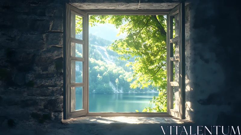Rustic stone window opens toward sunlit forest lake view