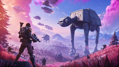 Sci fi ground battle with walkers on vibrant alien world.