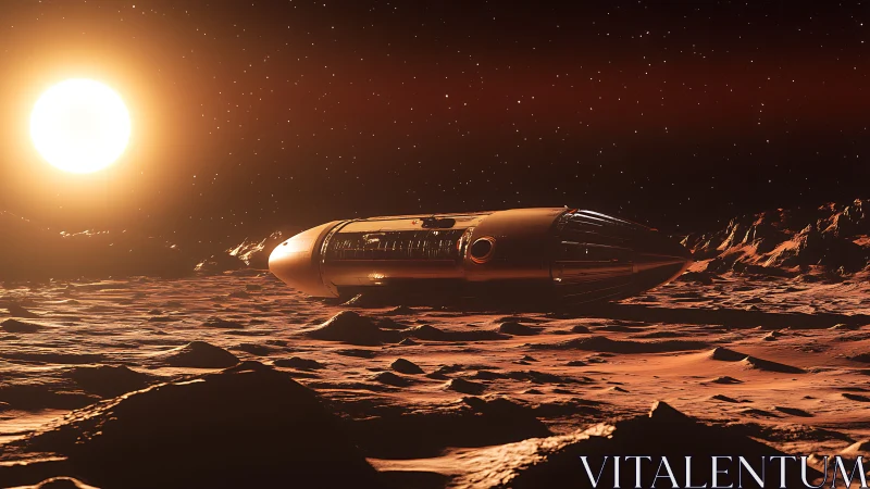 Retro-futurist starship rests on sunlit extraterrestrial plateau