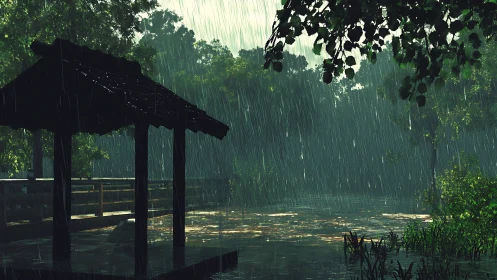 Timbered lakeside shelter in heavy monsoon rainstorm at dusk