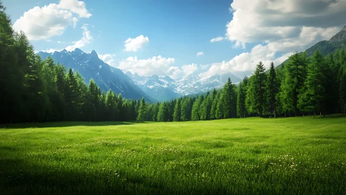 Sunlit mountain meadow opens onto calm forests and peaks
