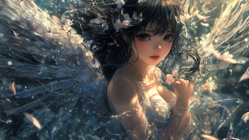 Starlit winged maiden in drifting petals and liquid light.