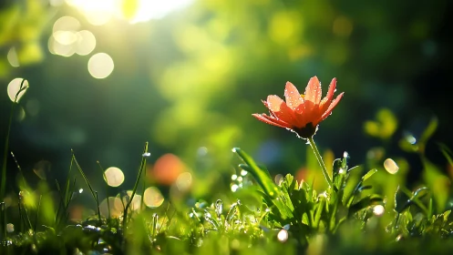 Morning light welcomes a dewy red flower in soft green glow.