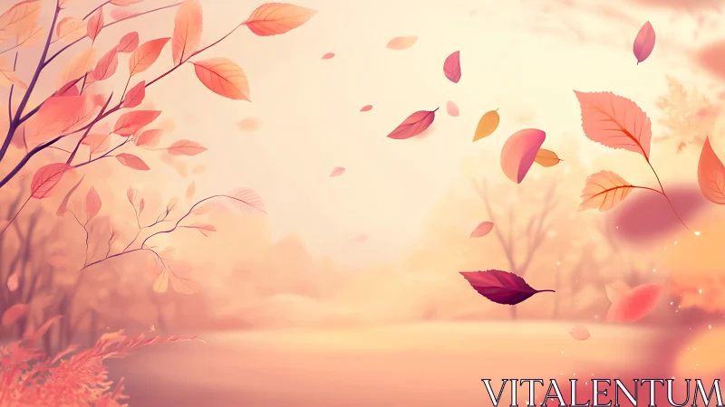 Whispering autumn leaves drift through rosy twilight air.