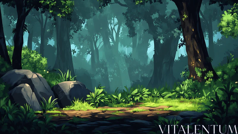 Enchanted Forest Clearing with Misty Atmosphere and Ancient Trees