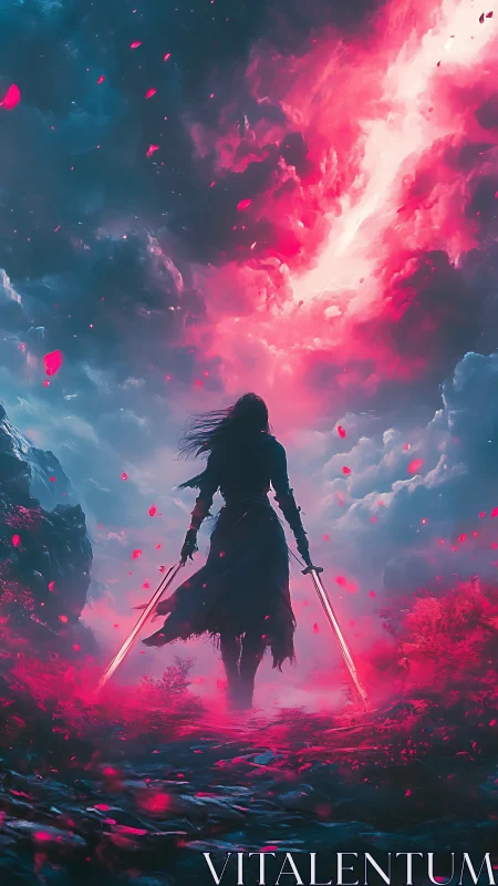 Crimson-blade warrior beneath rifted neon storm sky.