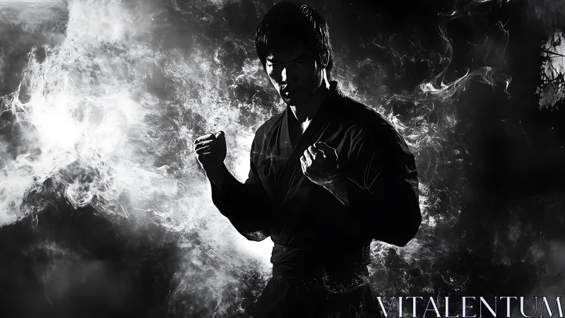 Monochrome martial artist in dynamic smoke illuminated contrast