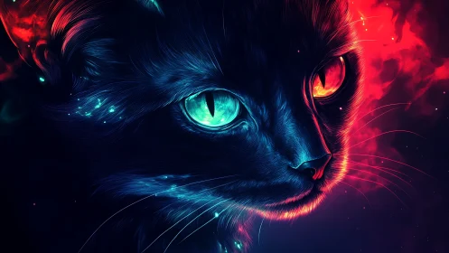 Luminous Feline Stare: Neon Eyes Ablaze in Cosmic Darkness.