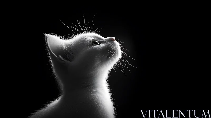 White Cat Looking Upward Against Black Background.